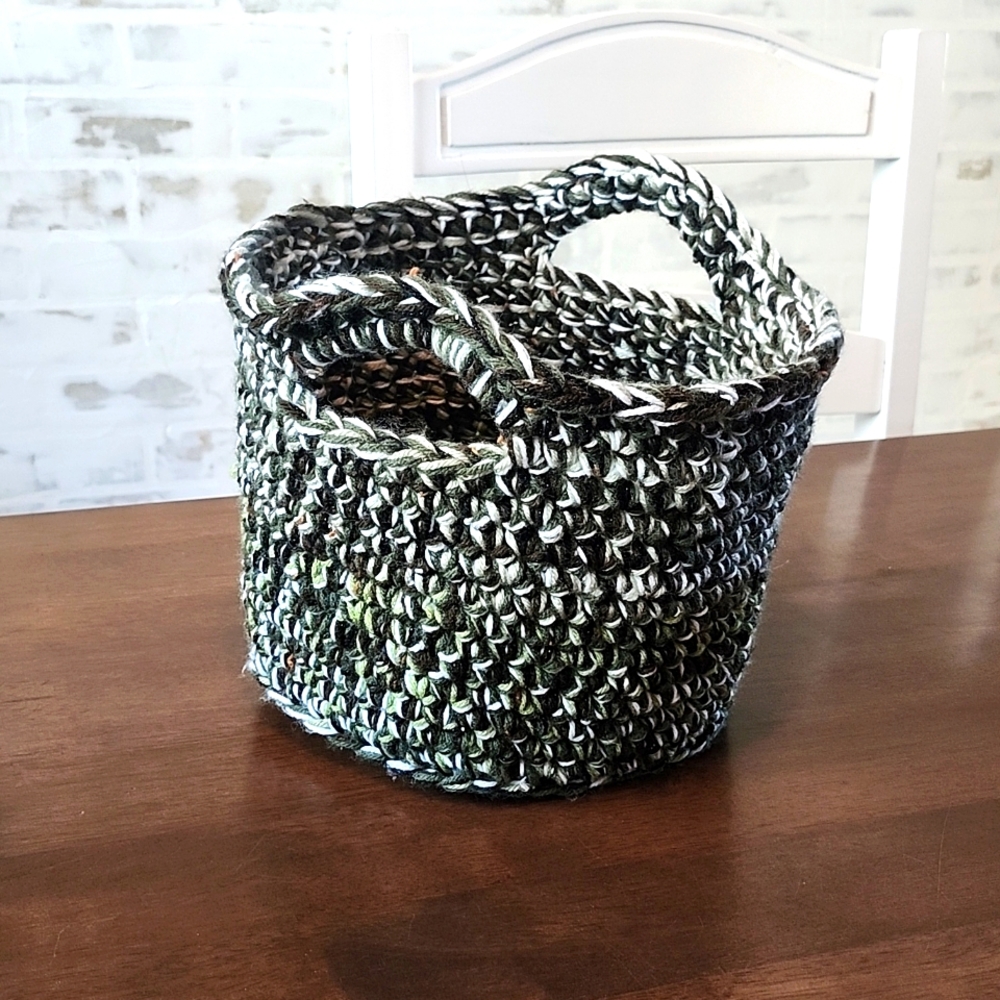 Handmade Crochet Basket- greens, white, and tans
